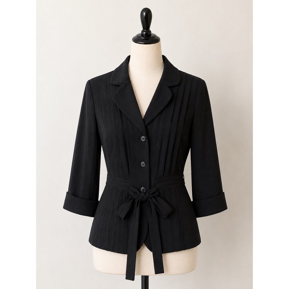 T. Milano Womens Black Pinstripe Belted Blazer 3/4 Sleeve Jacket Size 8